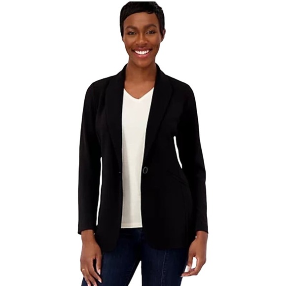 Susan Graver Jackets & Blazers - Susan Graver Petite Solid LK Fusion Revere Collar Blazer NWOT BLACK SIZE LP